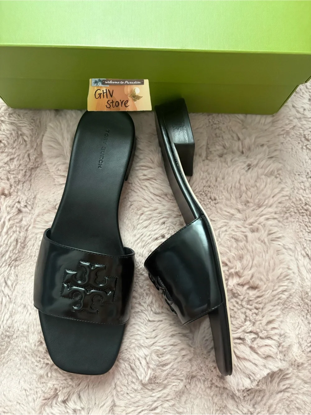 Tory Burch Black Patent Logo Slide Mules